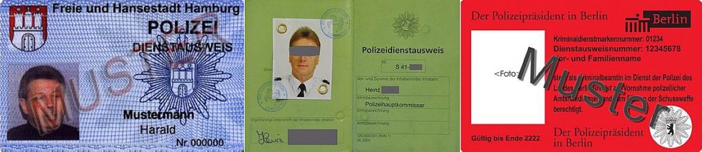 Die reinste Farbpalette: Polizeiausweise aus (von links): Hamburg, Niedersachsen und Berlin. 