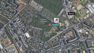 Karte vom Volkspark Prenzlauer Berg in Berlin. Darauf markiert: Fundort des abgetrennten Oberschenkels