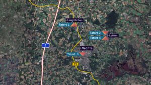 Satellitenbild der Region um Vechta. Darauf markiert: die vier Tatorte.