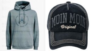 Links: Kapuzenpulli der Marke Jack & Jones in der Farbe Trooper-Grau, rechts: Schirmmütze mit dem Markennamen „Robin Ruth“ und der Aufschrift „Moin Moin“.