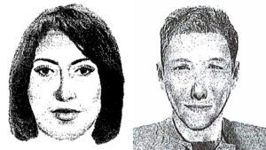 Die gesuchten Personen. Links: Frau mit schulterlangen Haaren. Rechts: etwa 30-jähriger Mann mit kurzen, leicht gewellten Haaren