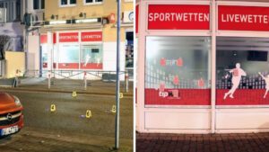 Links: Der Tatort in Maintal-Dörnigheim, direkt an der Kennedystraße. Rechts: Die Front des Wettbüros mit Einschusslöchern
