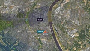 Eine Google Earth-Karte von Köln mit eingezeichnetem Tatort in der Straße „an St. Magdalenen“.