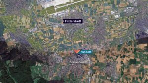 Eine Google Earth-Karte von Filderstadt. Südlich, der Fundort im Ort Bonladen.