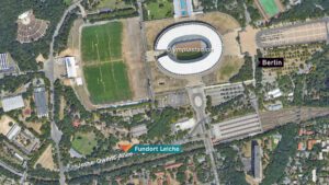 Google Earth Karte der Umgebung des Berliner Olympiastadions. Darauf markiert: Der Fundort von Reiner Kochs Leiche.