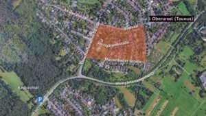 Eine Google Earth-Karte von Oberursel und den markierten Straßen Oberhochstädter Straße und Weingärtenstraße.