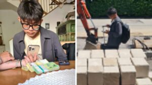 Der Gesuchte. Links: am Tisch sitzend. Ihm wird etwas auf einem Smartphone gezeigt. Vor ihm liegen Geldbündel; Rechts: Der Mann mit einem Koffer vor einer Palette Pflastersteine