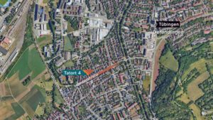 Karte von Tübingen. Darauf eingezeichnet: Der Ort, an dem sich die Entführte befreien konnte.