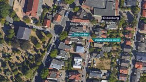 Kartenübersicht: Oldenburg Nadorsterstraße, in der sich Shisha-Bar von Rezan Cakici befand. Der Hinterausgang der Bar befand sich in der Kriegerstraße, in der auch ein verdächtiges Auto am Tag des Verschwindens wahrgenommen wurde.