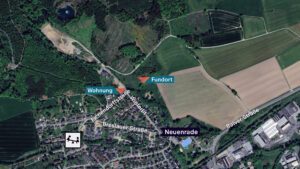 Übersicht: Lage des Tatorts, des Wohnhauses und des Fundorts. Alles liegt nah beieinander.