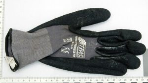 Arbeitshandschuh mit der Aufschrift Nitras in grau und schwarz.