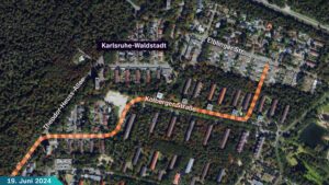 Karte von Karlsruhe Waldstadt. Der Tatort befindet sich rund um die Elblinger Straße.