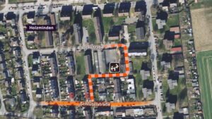 Karte von Holzminden. Darauf eingezeichnet: Der Fluchtweg der Täter von der Schlüterstraße zur Rauchstraße.