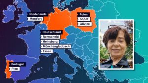 Karte von Europa. Darauf eingezeichnet: Die Aufenthaltsorte der vermissten Teresa Krug: Deutschland, Polen, Niederlande, Portugal.