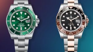 Geraubte Uhren: Links: Rolex Submariner in Grün, rechts: Rolex GMT Master II.