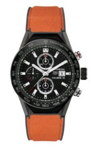 Individuell angefertigte Tag-Heuer-Uhr mit schwarzem Ziffernblatt und orangefarbenem Armband.