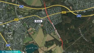 Karte von Köln-Brück. Darauf eingezeichnet: Der Tatort am Brücker Mauspfad.