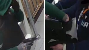 Links: Ein Mann mit unterschiedlichen Handschuhen auf den Bildern einer Überwachungskamera. Rechts: Ein markantes Tattoo auf dem linken Arm des Räubers.