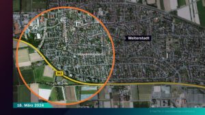 Karte von Weiterstadt mit ungefährer Lage des Tatorts im Westen der Ortschaft.