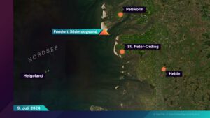 Karte mit Markierung des Leichenfunds bei Süderoogsand südlich der Insel Pellworm.