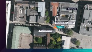 Eine Übersichtskarte zeigt die Dortmunder Schwarze-Brüder-Str. Dort, vor dem Plattenladen „andrä“, hat die Tat stattgefunden.