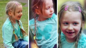 Die vermisste Inga kurz vor ihrem Verschwinden. Sie trägt ein mintgrünes Langarmshirt, eine blaue Hose. Ihre Haare sind zu zwei Zöpfen geflochten.