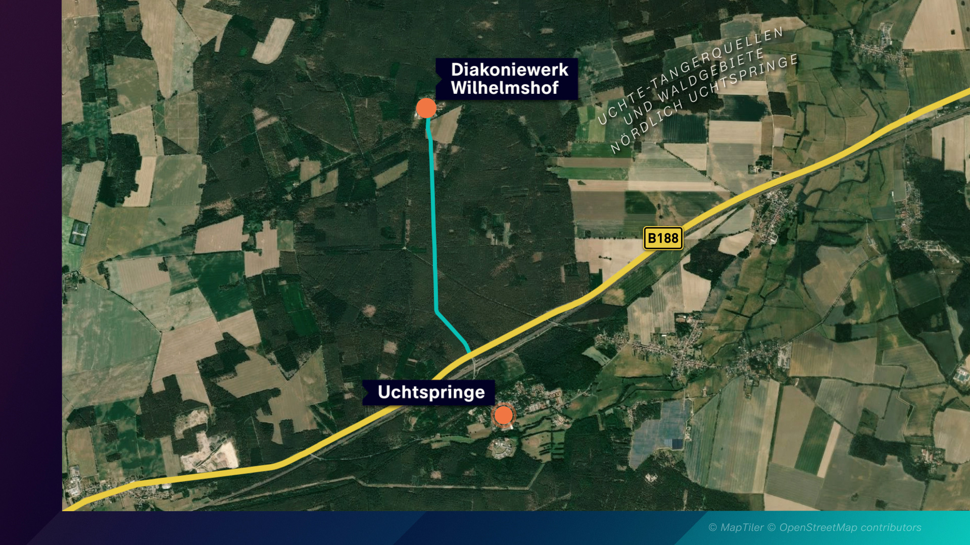 Eine Karte der Umgebung des Wilhelmshofs. Darauf eingezeichnet: Die einzige Straße, die vom Gelände weg nach Uchtspringe und zur B 188 führt.