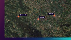 Karte von Gotha und der benachbarten Orte Erfurt und Eisenach.