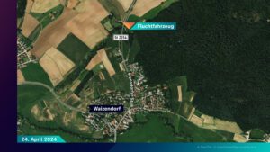 Karte, auf der der mögliche Abstellort des Fluchtfahrzeugs am Waldrand bei Waizendorf eingezeichnet ist.