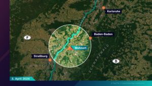 Karte mit wichtigen Örtlichkeiten des Falls: Familie Bohnert lebte n Lichtenau-Muckenschopf in Baden-Württemberg. Das Suchgebiet hatte einen Radius von 30 Kilometern.