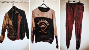 Die Kleidung des Toten: links: brauch-schwarze Jacke, Mitte: Pullover, rechts: lila Sporthose