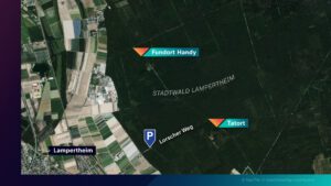 Karte vom Tatort. Der Mord geschah im Stadtwald im südhessischen Lampertheim, im Nordosten der Gemeinde.