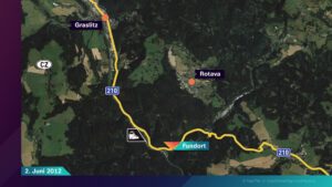 Luftbild von Rotava mit eingezeichnetem Fundort des zweiten Babys.